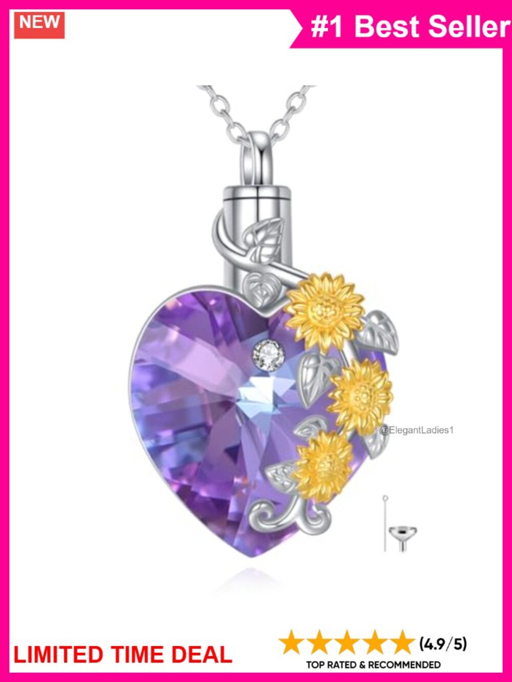 Sunflower Heart Crystal Urn Necklace 925 Sterling Silver Memorial Jewelry